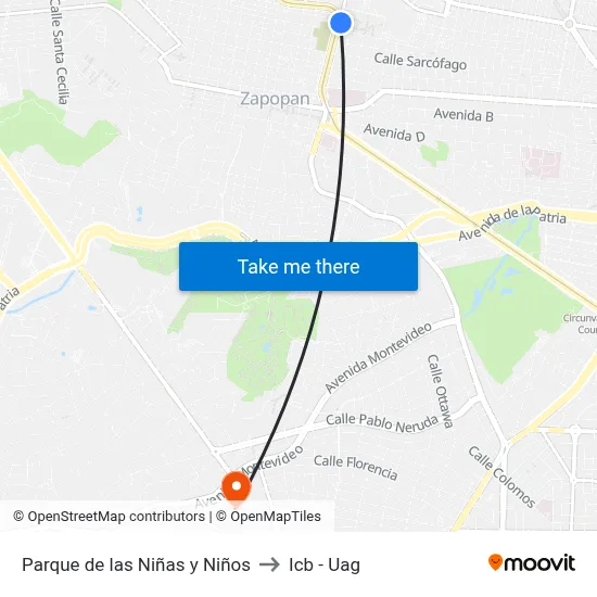 Parque de las Niñas y Niños to Icb - Uag map