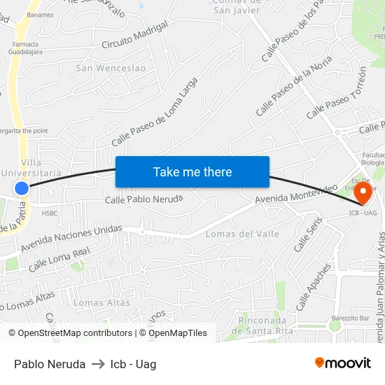 Pablo Neruda to Icb - Uag map