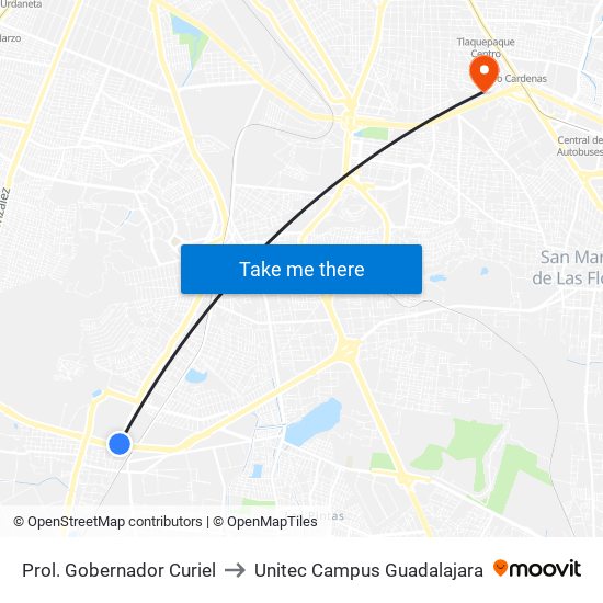 Prol. Gobernador Curiel to Unitec Campus Guadalajara map