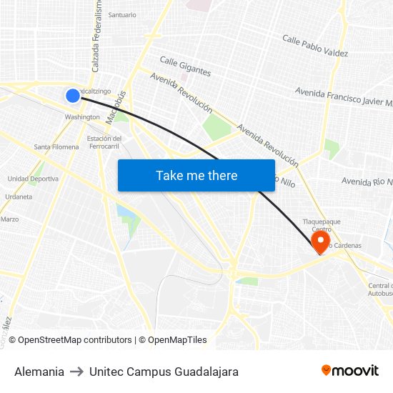 Alemania to Unitec Campus Guadalajara map