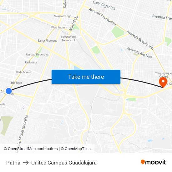 Patria to Unitec Campus Guadalajara map