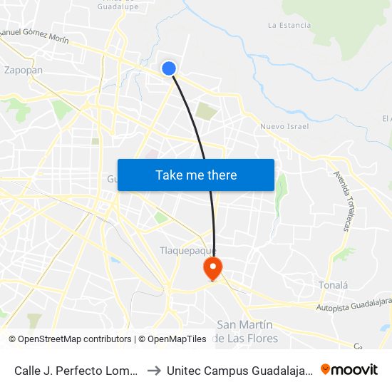 Calle J. Perfecto Lomelí to Unitec Campus Guadalajara map