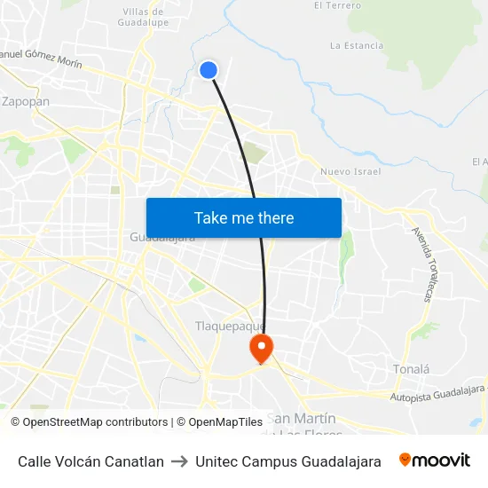 Calle Volcán Canatlan to Unitec Campus Guadalajara map