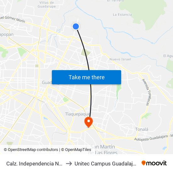 Calz. Independencia Nte. to Unitec Campus Guadalajara map