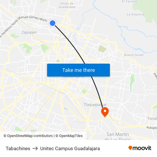 Tabachines to Unitec Campus Guadalajara map