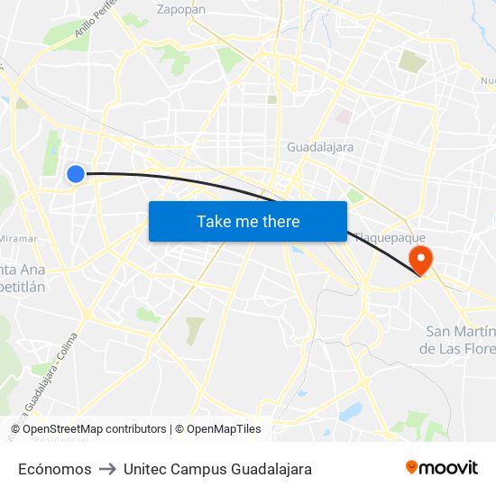 Ecónomos to Unitec Campus Guadalajara map