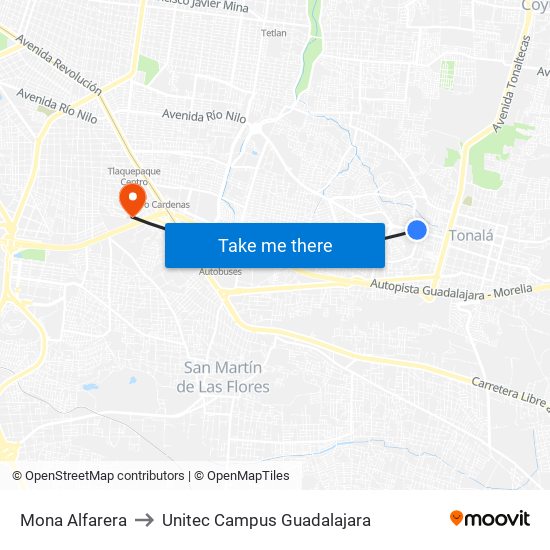 Mona Alfarera to Unitec Campus Guadalajara map