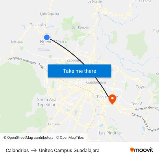 Calandrias to Unitec Campus Guadalajara map