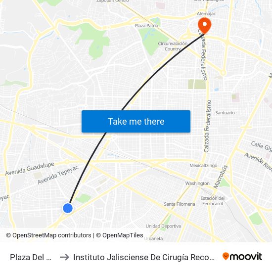 Plaza Del Sol 1 to Instituto Jalisciense De Cirugía Reconstructiva map