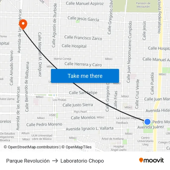 Parque Revolución to Laboratorio Chopo map