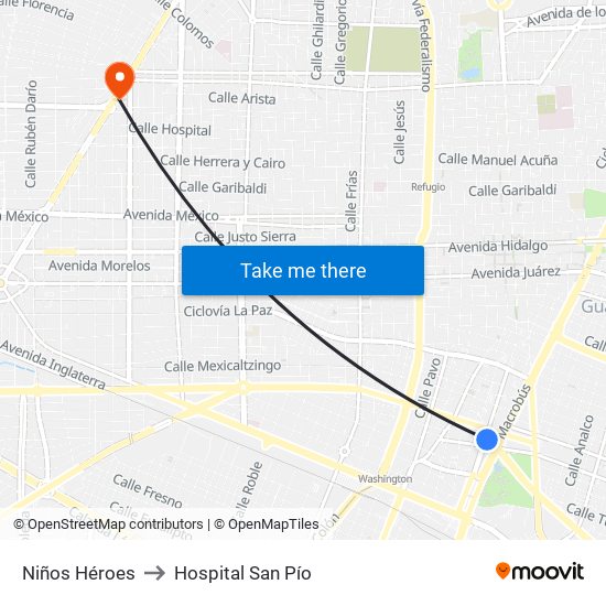 Niños Héroes to Hospital San Pío map