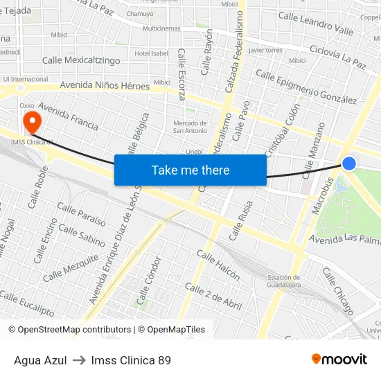 Agua Azul to Imss Clinica 89 map