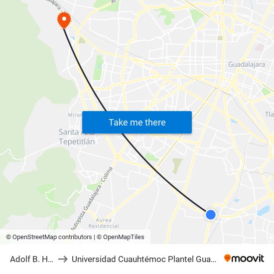 Adolf B. Horn to Universidad Cuauhtémoc Plantel Guadalajara map