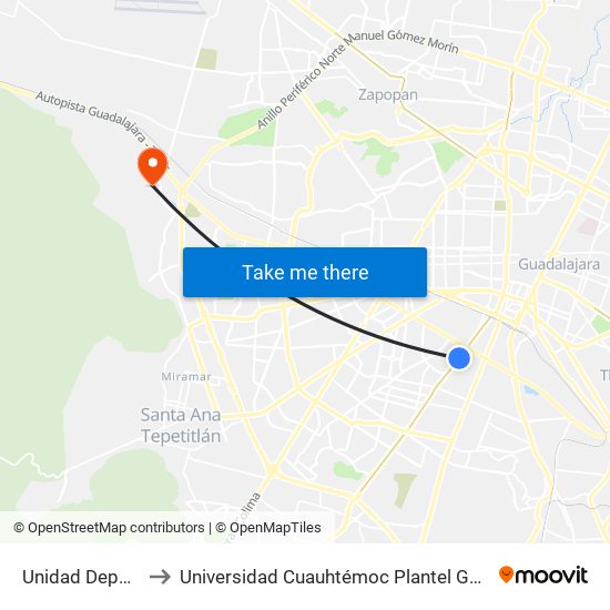 Unidad Deportiva to Universidad Cuauhtémoc Plantel Guadalajara map