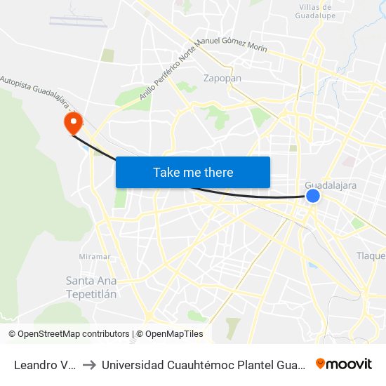 Leandro Valle to Universidad Cuauhtémoc Plantel Guadalajara map