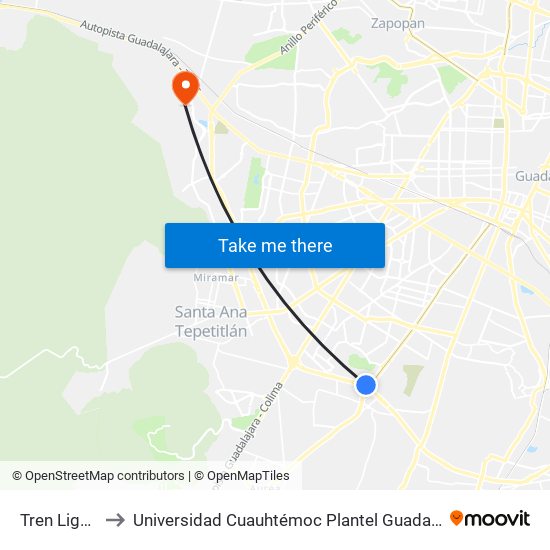 Tren Ligero to Universidad Cuauhtémoc Plantel Guadalajara map
