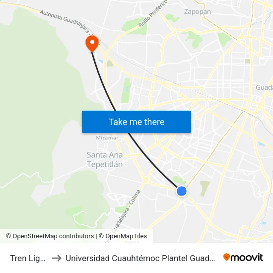 Tren Ligero to Universidad Cuauhtémoc Plantel Guadalajara map