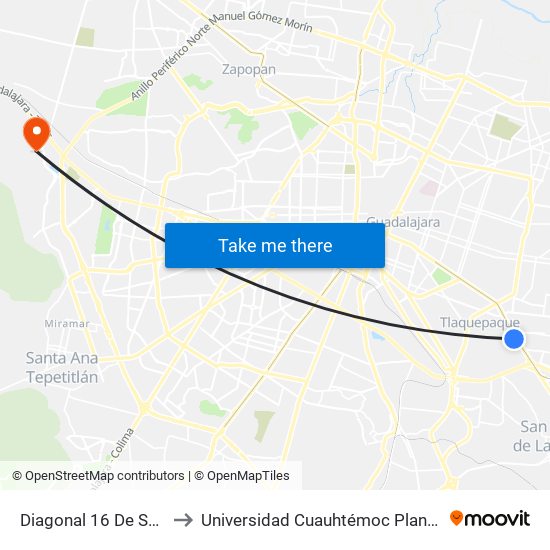 Diagonal 16 De Septiembre to Universidad Cuauhtémoc Plantel Guadalajara map