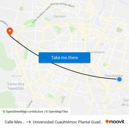 Calle México to Universidad Cuauhtémoc Plantel Guadalajara map