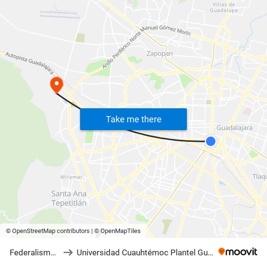 Federalismo Sur to Universidad Cuauhtémoc Plantel Guadalajara map