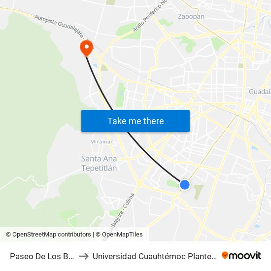 Paseo De Los Balcones to Universidad Cuauhtémoc Plantel Guadalajara map