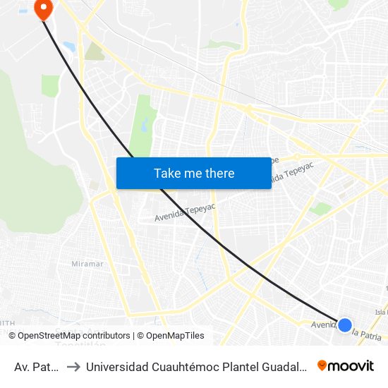 Av. Patria to Universidad Cuauhtémoc Plantel Guadalajara map