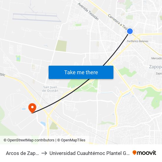 Arcos de Zapopan to Universidad Cuauhtémoc Plantel Guadalajara map