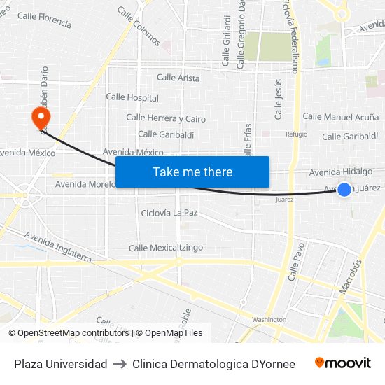 Plaza Universidad to Clinica Dermatologica DYornee map