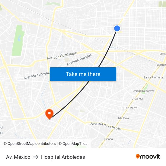 Av. México to Hospital Arboledas map