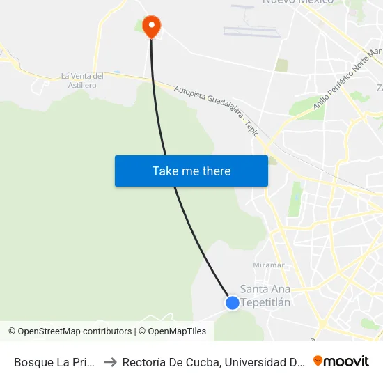 Bosque La Primavera to Rectoría De Cucba, Universidad De Guadalajara map
