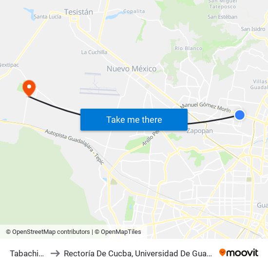 Tabachines to Rectoría De Cucba, Universidad De Guadalajara map