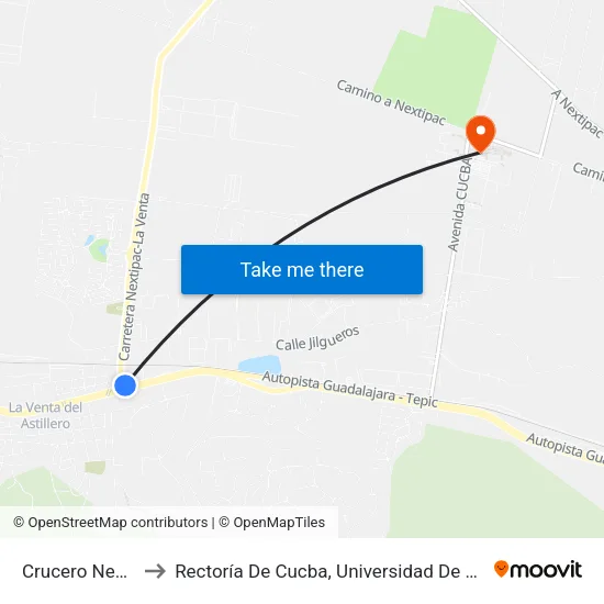 Crucero Nextipac to Rectoría De Cucba, Universidad De Guadalajara map