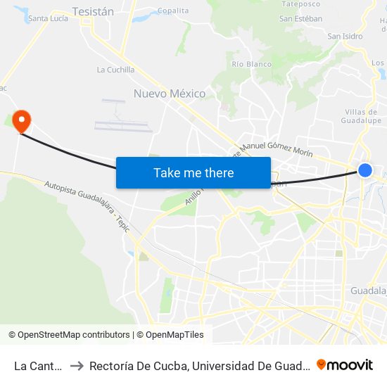 La Cantera to Rectoría De Cucba, Universidad De Guadalajara map