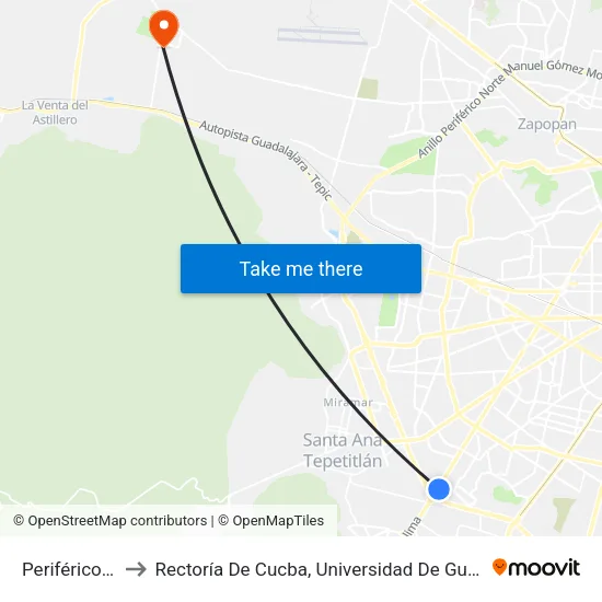 Periférico Sur to Rectoría De Cucba, Universidad De Guadalajara map