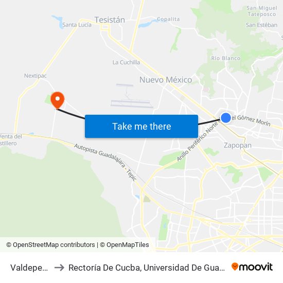 Valdepeñas to Rectoría De Cucba, Universidad De Guadalajara map