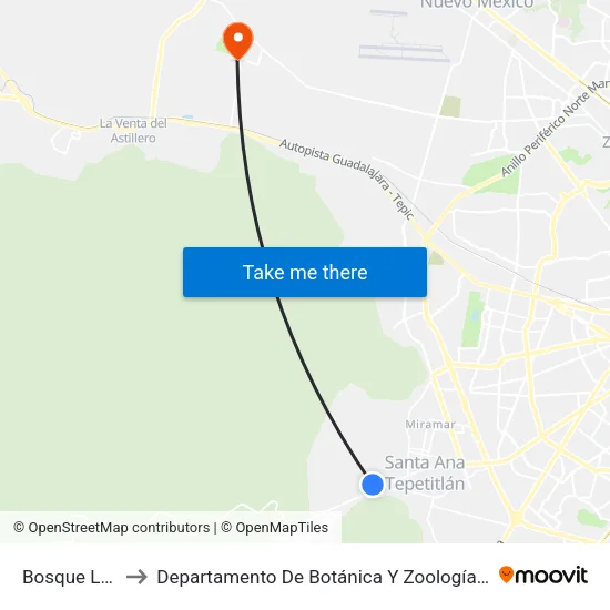 Bosque La Primavera to Departamento De Botánica Y Zoología, Cucba, Universidad De Guadalajara map