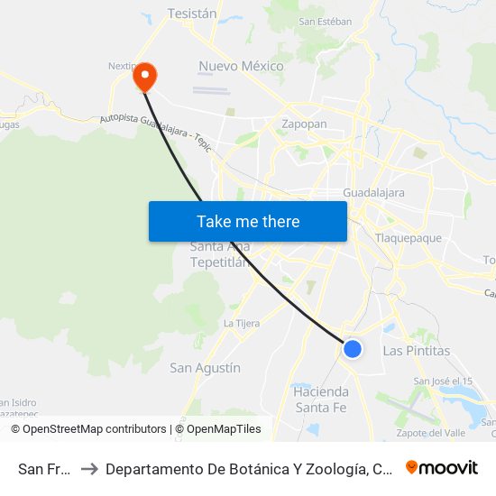 San Francisco to Departamento De Botánica Y Zoología, Cucba, Universidad De Guadalajara map