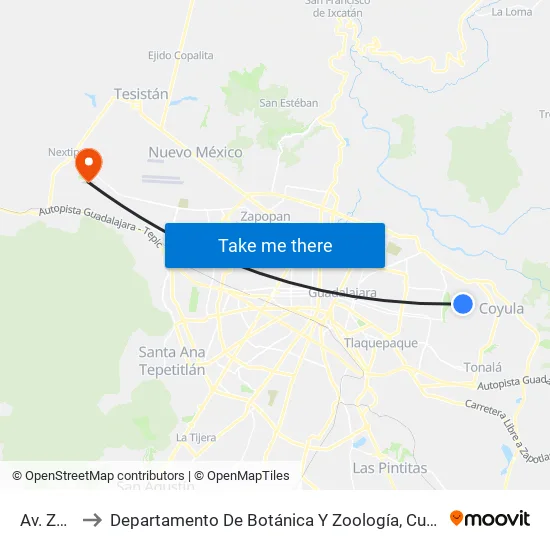 Av. Zalatitan to Departamento De Botánica Y Zoología, Cucba, Universidad De Guadalajara map