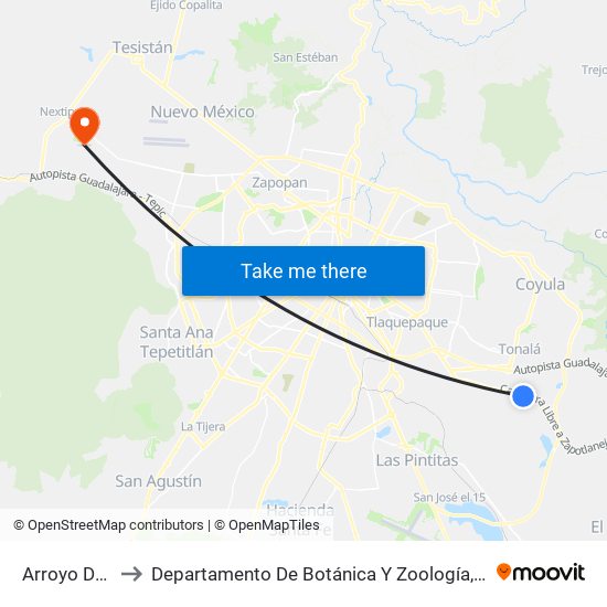 Arroyo De En Medio to Departamento De Botánica Y Zoología, Cucba, Universidad De Guadalajara map