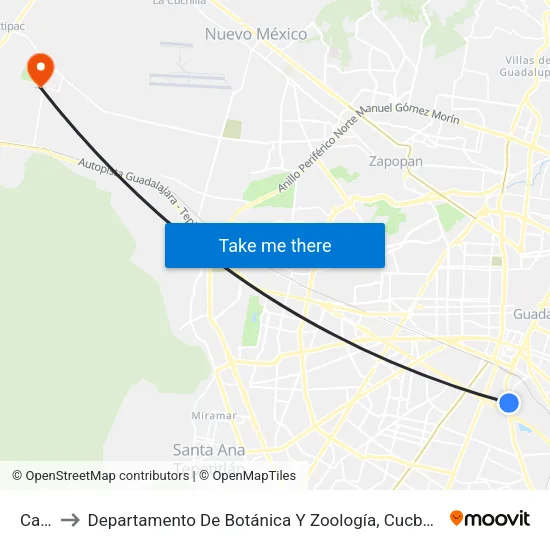Calle 5 to Departamento De Botánica Y Zoología, Cucba, Universidad De Guadalajara map
