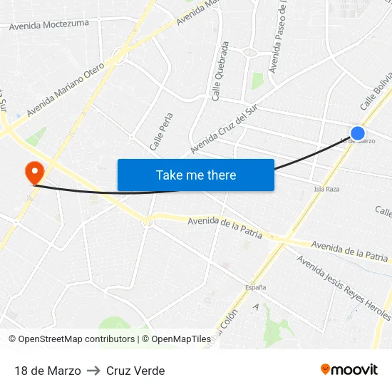 18 de Marzo to Cruz Verde map