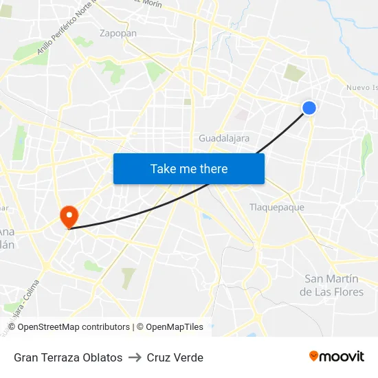 Gran Terraza Oblatos to Cruz Verde map