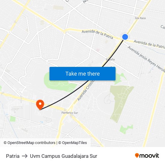 Patria to Uvm Campus Guadalajara Sur map