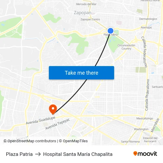 Plaza Patria to Hospital Santa María Chapalita map