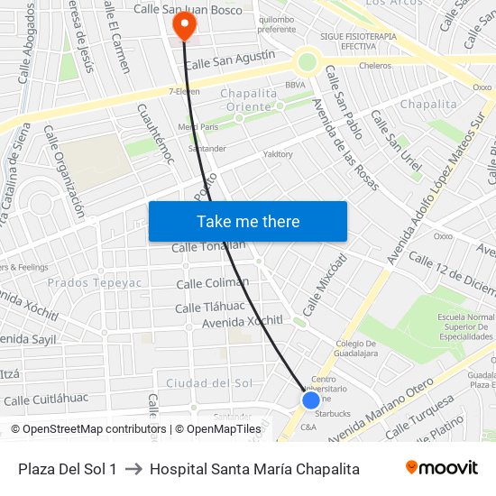 Plaza Del Sol 1 to Hospital Santa María Chapalita map