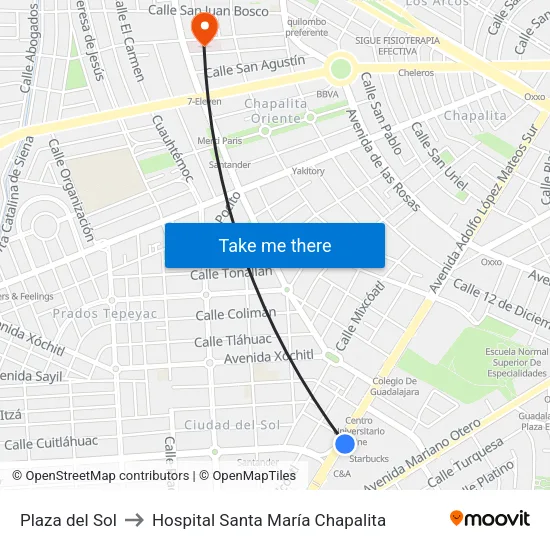 Plaza del Sol to Hospital Santa María Chapalita map