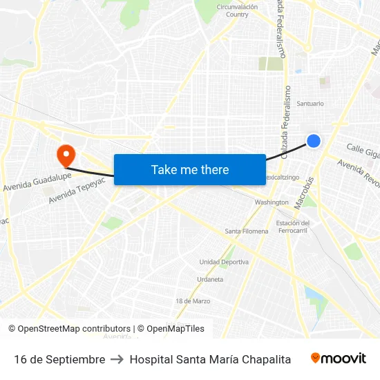 16 de Septiembre to Hospital Santa María Chapalita map