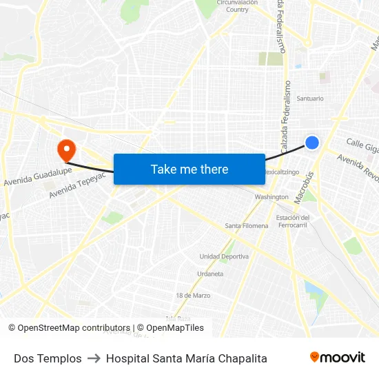 Dos Templos to Hospital Santa María Chapalita map