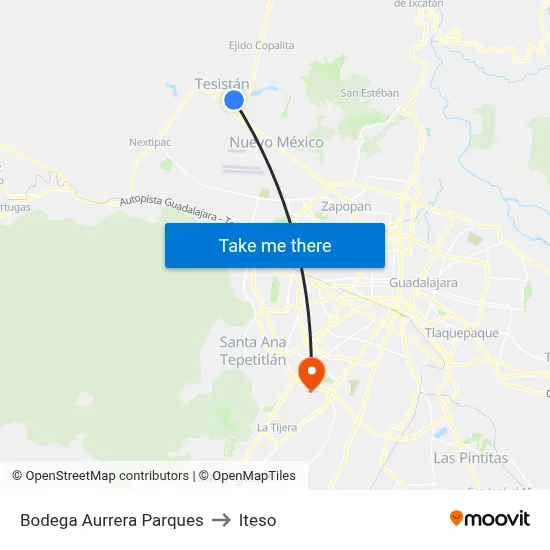 Bodega Aurrera Parques to Iteso map