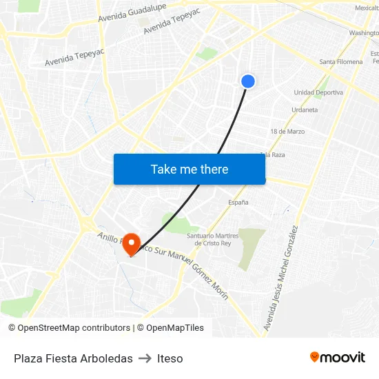 Plaza Fiesta Arboledas to Iteso map